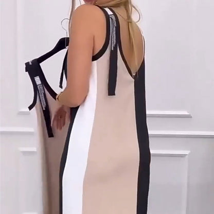 50% de descuento 🥰Vestido de punto con bloques de color y cuello en V sin mangas
