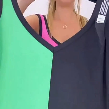 50% de descuento 🥰Vestido de punto con bloques de color y cuello en V sin mangas
