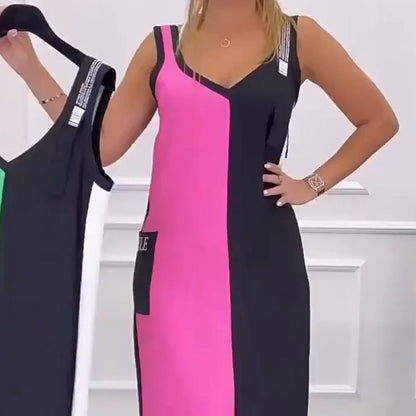 50% de descuento 🥰Vestido de punto con bloques de color y cuello en V sin mangas