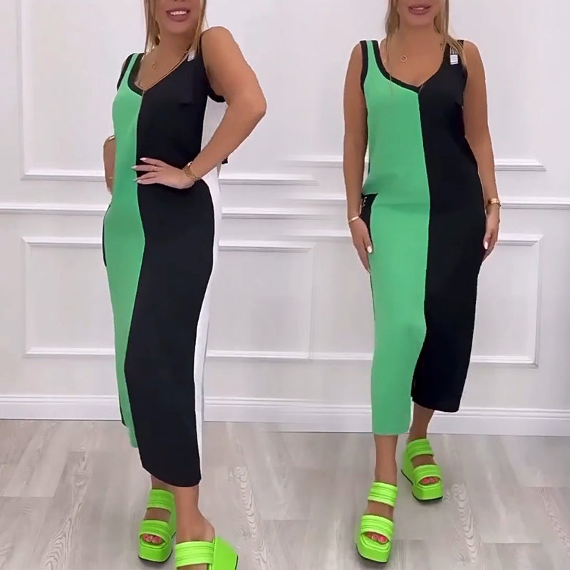 50% de descuento 🥰Vestido de punto con bloques de color y cuello en V sin mangas