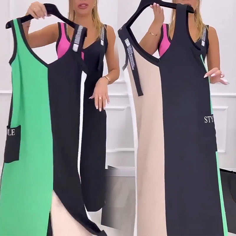 50% de descuento 🥰Vestido de punto con bloques de color y cuello en V sin mangas