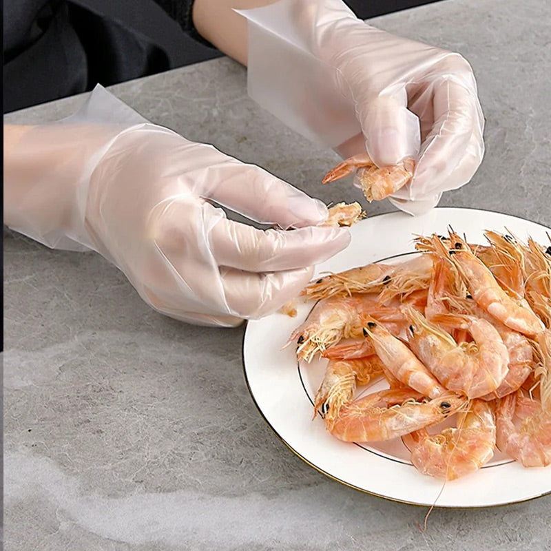 Food -like transparent reinforced disposable gloves