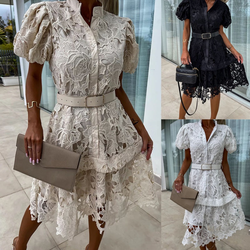 🌸👗Speciale Giorno della Dea🎉SCONTO DEL 50%! Abito vintage da donna a maniche corte con pizzo traforato