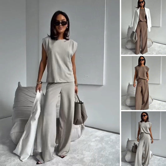 💖Limitéierten Ausverkaaf 50% RABATT💖Zweedeelegt Set mat T-Shirt an enger breeder Hosen fir Fraen👗