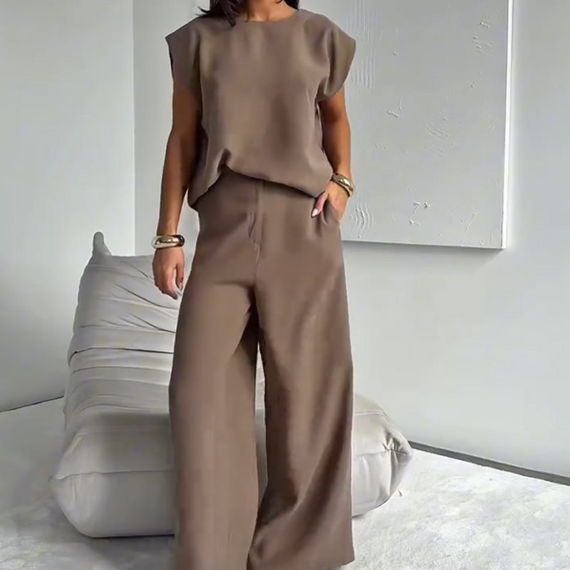 💖Begränsad rea 50% RABATT💖Tvådelat set med t-shirt och vida byxor för kvinnor👗