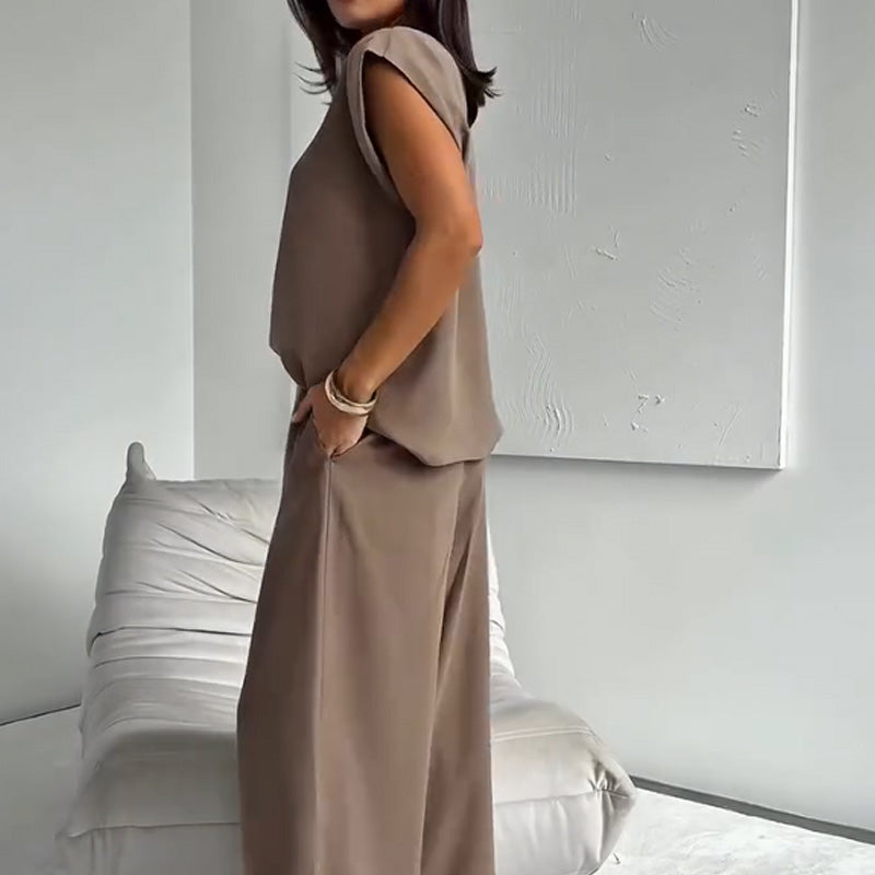 💖Begränsad rea 50% RABATT💖Tvådelat set med t-shirt och vida byxor för kvinnor👗