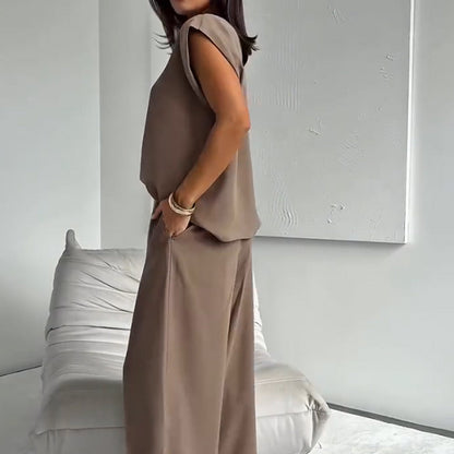 💖Begränsad rea 50% RABATT💖Tvådelat set med t-shirt och vida byxor för kvinnor👗