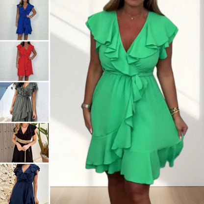 🎉Sommer Neuankömmlinge👗Elegantes Damen Taille Krawatte V-Ausschnitt Rüschenkleid