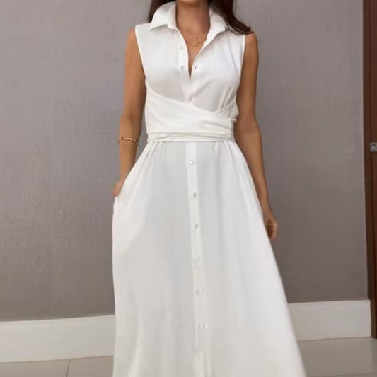 💖💖💖Ärmelloses Damenhemd-Maxikleid mit Taillenkrawatte