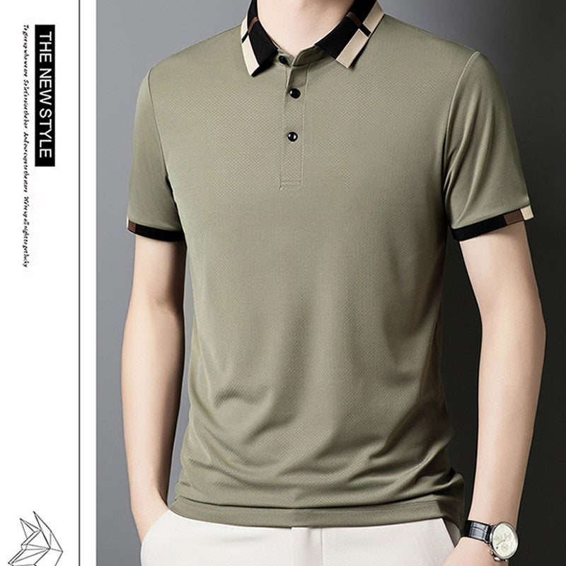 🔥50% de réduction aujourd'hui🔥T-shirt à manches courtes en soie glacée extensible pour homme avec revers