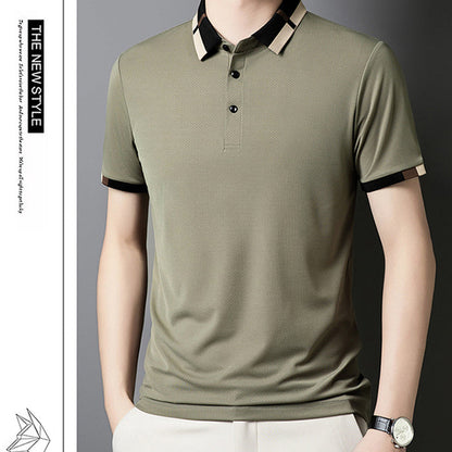 🔥50% de réduction aujourd'hui🔥T-shirt à manches courtes en soie glacée extensible pour homme avec revers