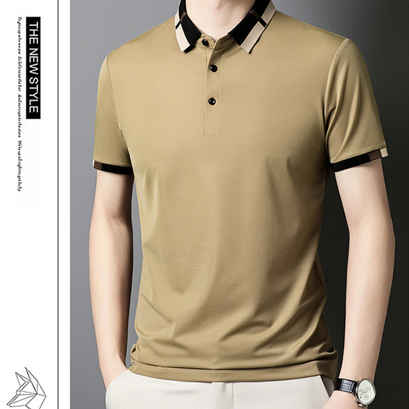 🔥50% de réduction aujourd'hui🔥T-shirt à manches courtes en soie glacée extensible pour homme avec revers