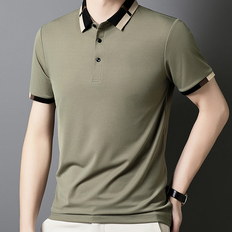 🔥50% de réduction aujourd'hui🔥T-shirt à manches courtes en soie glacée extensible pour homme avec revers