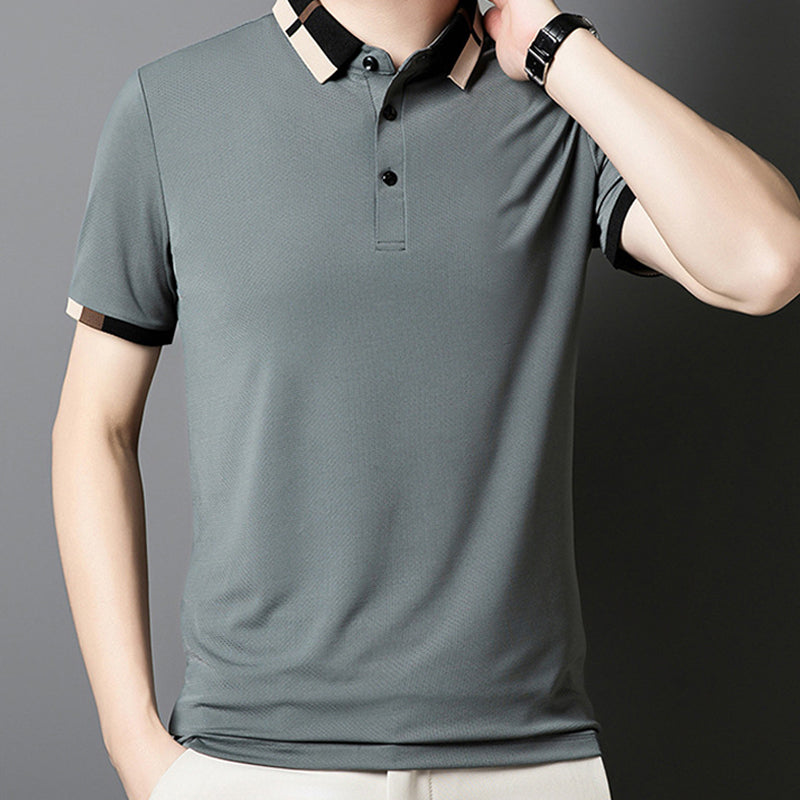 🔥50% de réduction aujourd'hui🔥T-shirt à manches courtes en soie glacée extensible pour homme avec revers