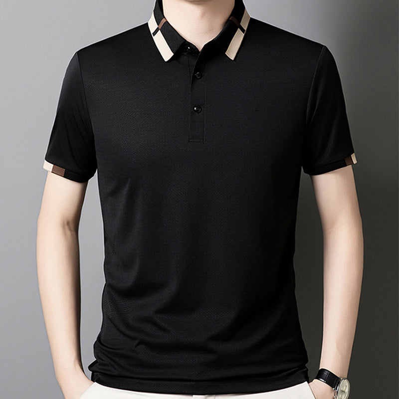 🔥50% de réduction aujourd'hui🔥T-shirt à manches courtes en soie glacée extensible pour homme avec revers