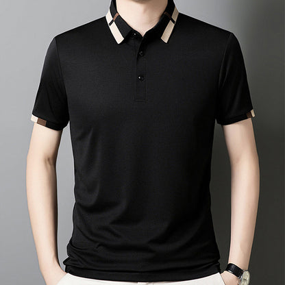 🔥50% de réduction aujourd'hui🔥T-shirt à manches courtes en soie glacée extensible pour homme avec revers
