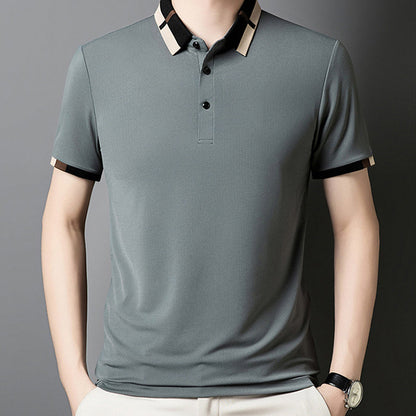 🔥50% de réduction aujourd'hui🔥T-shirt à manches courtes en soie glacée extensible pour homme avec revers