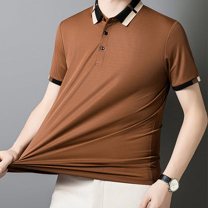 🔥50% de réduction aujourd'hui🔥T-shirt à manches courtes en soie glacée extensible pour homme avec revers
