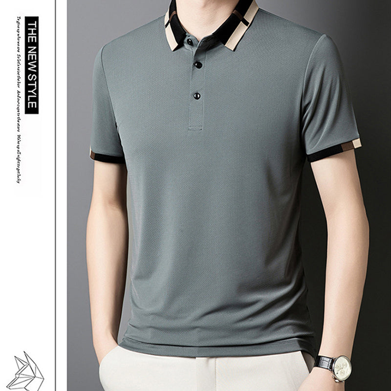 🔥50% de réduction aujourd'hui🔥T-shirt à manches courtes en soie glacée extensible pour homme avec revers