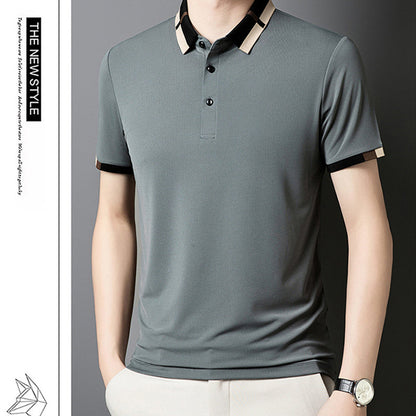 🔥50% de réduction aujourd'hui🔥T-shirt à manches courtes en soie glacée extensible pour homme avec revers
