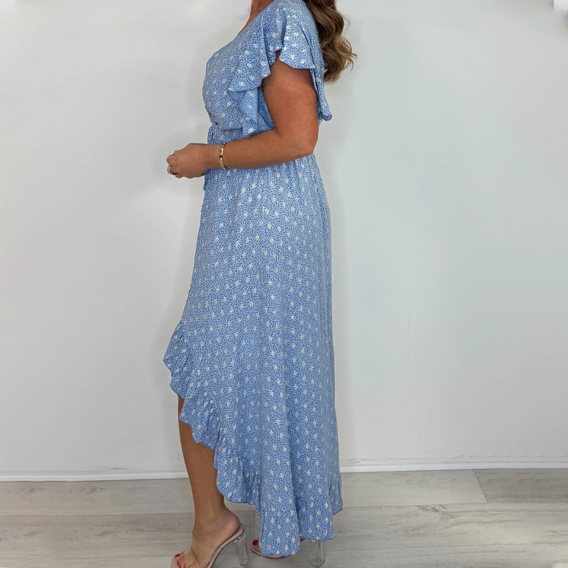 Damer Resort Style V-ringning Polka Dot Luffle Sleeve Dress
