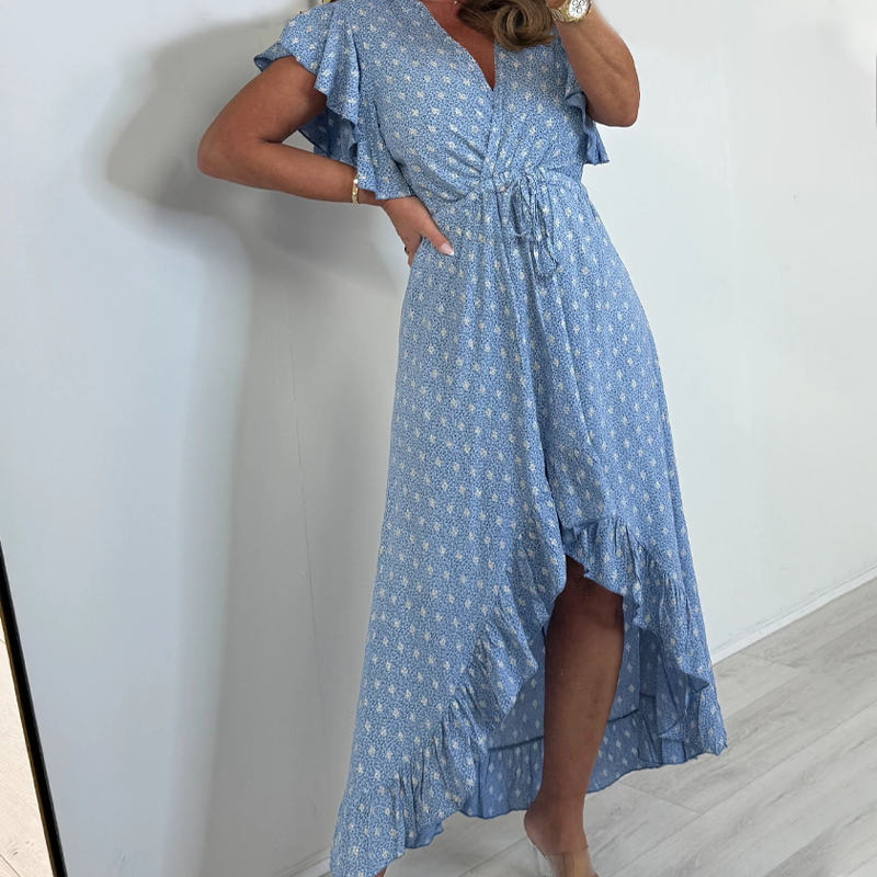 Damer Resort Style V-ringning Polka Dot Luffle Sleeve Dress