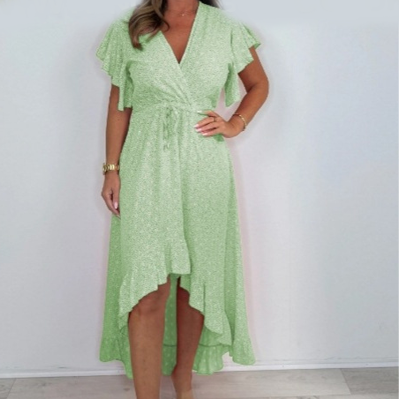 Damer Resort Style V-ringning Polka Dot Luffle Sleeve Dress