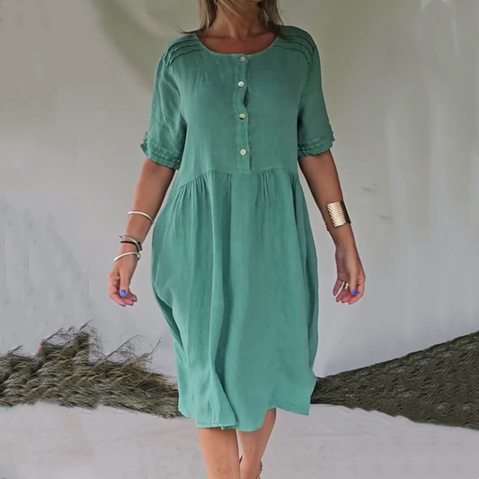 Short-sleeved shirt dress made of cotton linen in retro style