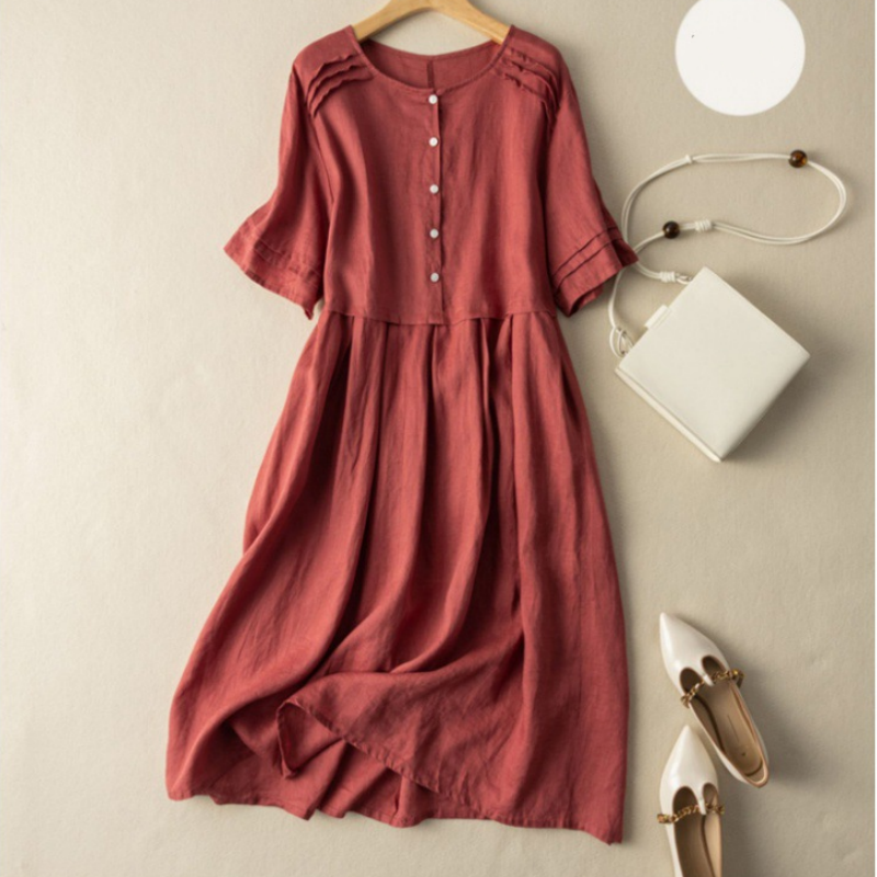 Abito da camicia a maniche corte in lino di cotone in stile retrò