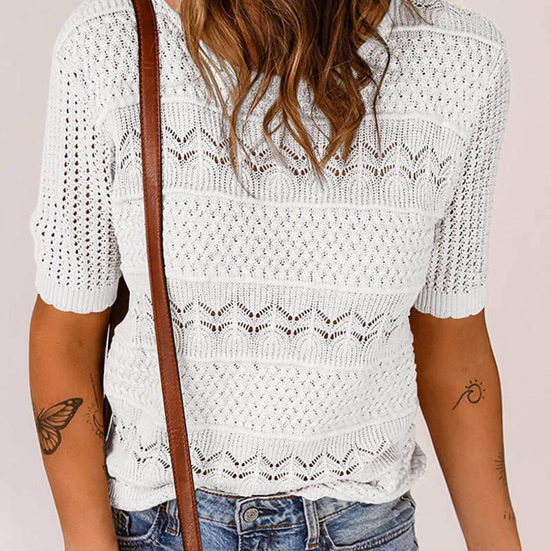 🌺Elegant. Atmungsaktiv. Vielseitig – Dein Sommer-Liebling für jeden Anlass🌷Damen Kurzarm-Rundhalspullover mit Lochstrick und Häkeloptik