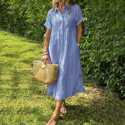 🔥Solange der Vorrat reicht 40 % Rabatt!🎉Gestreiftes langes Blusenkleid mit V-Ausschnitt und Kragen für Damen