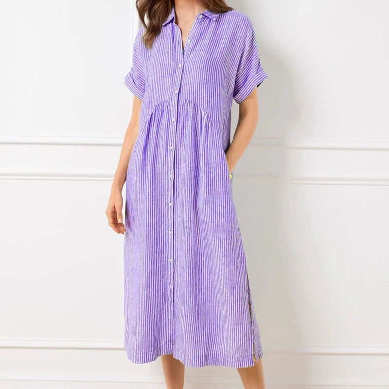 🔥Solange der Vorrat reicht 40 % Rabatt!🎉Gestreiftes langes Blusenkleid mit V-Ausschnitt und Kragen für Damen