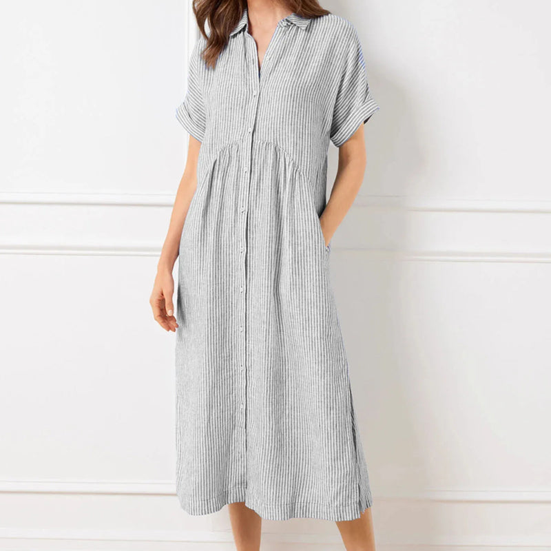 🔥Solange der Vorrat reicht 40 % Rabatt!🎉Gestreiftes langes Blusenkleid mit V-Ausschnitt und Kragen für Damen