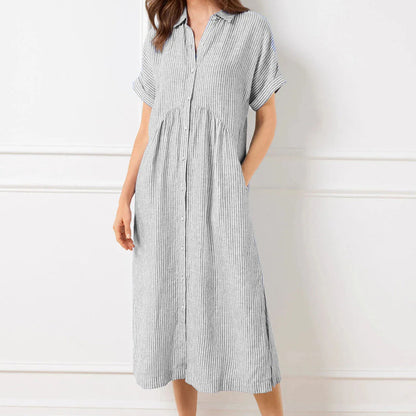 🔥Solange der Vorrat reicht 40 % Rabatt!🎉Gestreiftes langes Blusenkleid mit V-Ausschnitt und Kragen für Damen