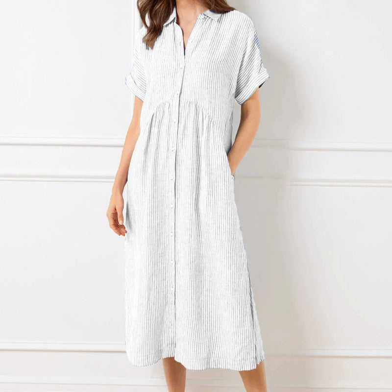 🔥Solange der Vorrat reicht 40 % Rabatt!🎉Gestreiftes langes Blusenkleid mit V-Ausschnitt und Kragen für Damen