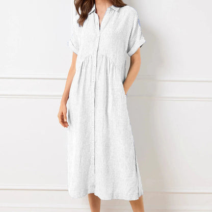 🔥Solange der Vorrat reicht 40 % Rabatt!🎉Gestreiftes langes Blusenkleid mit V-Ausschnitt und Kragen für Damen