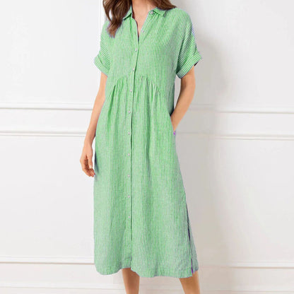 🔥Solange der Vorrat reicht 40 % Rabatt!🎉Gestreiftes langes Blusenkleid mit V-Ausschnitt und Kragen für Damen