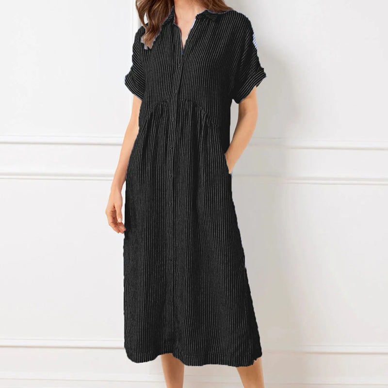 🔥Solange der Vorrat reicht 40 % Rabatt!🎉Gestreiftes langes Blusenkleid mit V-Ausschnitt und Kragen für Damen