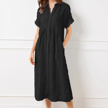 🔥Solange der Vorrat reicht 40 % Rabatt!🎉Gestreiftes langes Blusenkleid mit V-Ausschnitt und Kragen für Damen