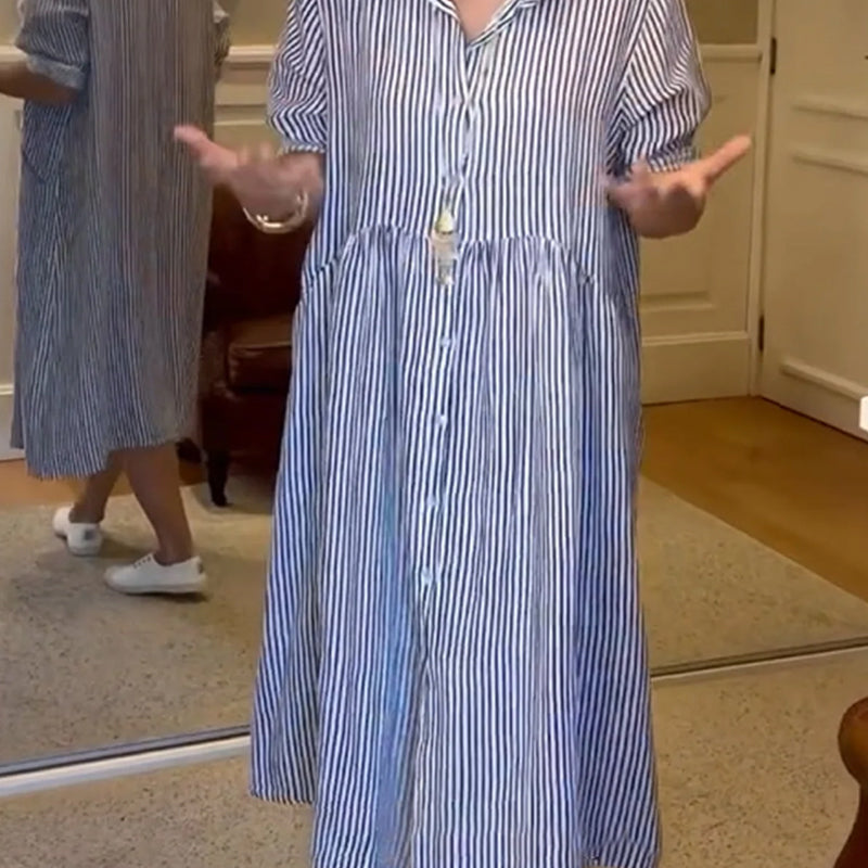 🔥Solange der Vorrat reicht 40 % Rabatt!🎉Gestreiftes langes Blusenkleid mit V-Ausschnitt und Kragen für Damen