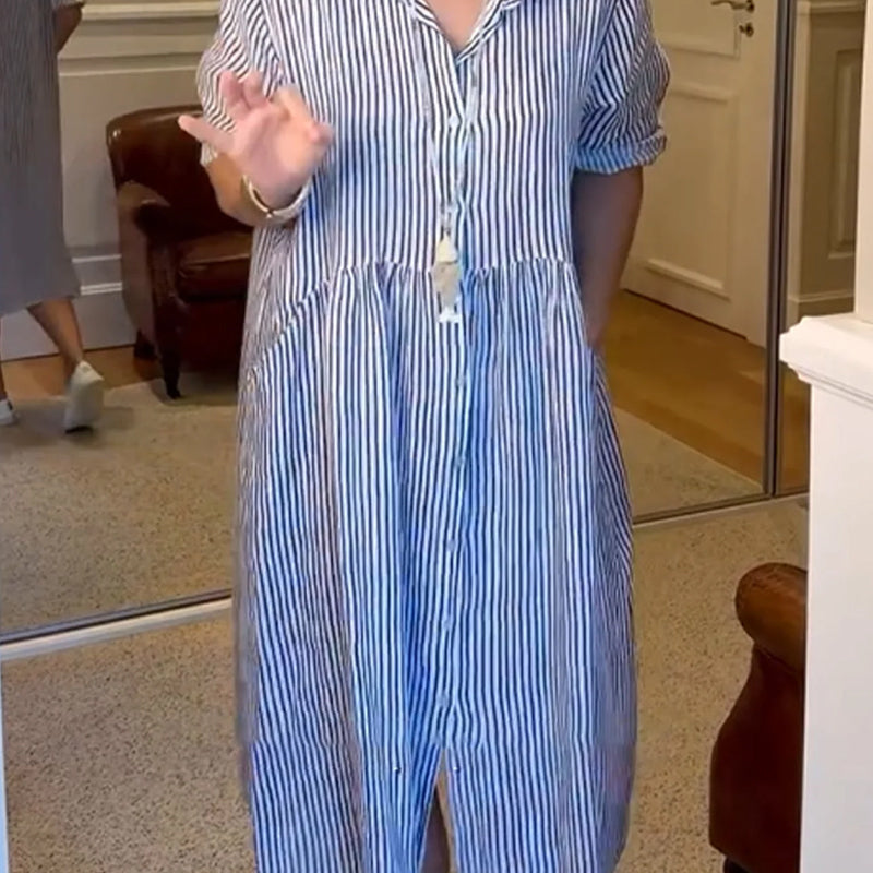 🔥Solange der Vorrat reicht 40 % Rabatt!🎉Gestreiftes langes Blusenkleid mit V-Ausschnitt und Kragen für Damen