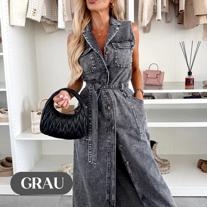 💥💃Sommer Neuankömmlinge halber Preis⏳Damen-Midi-Jeanskleid mit Taillenband