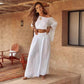 💕 Lässiges schulterfreies Damen-Top und Hose mit weitem Bein, zweiteiliges Set