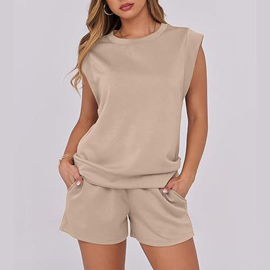 🔥2-teiliges Set mit Oberteil mit Flügelärmeln und Rundhalsausschnitt und Shorts mit Kordelzug für Damen