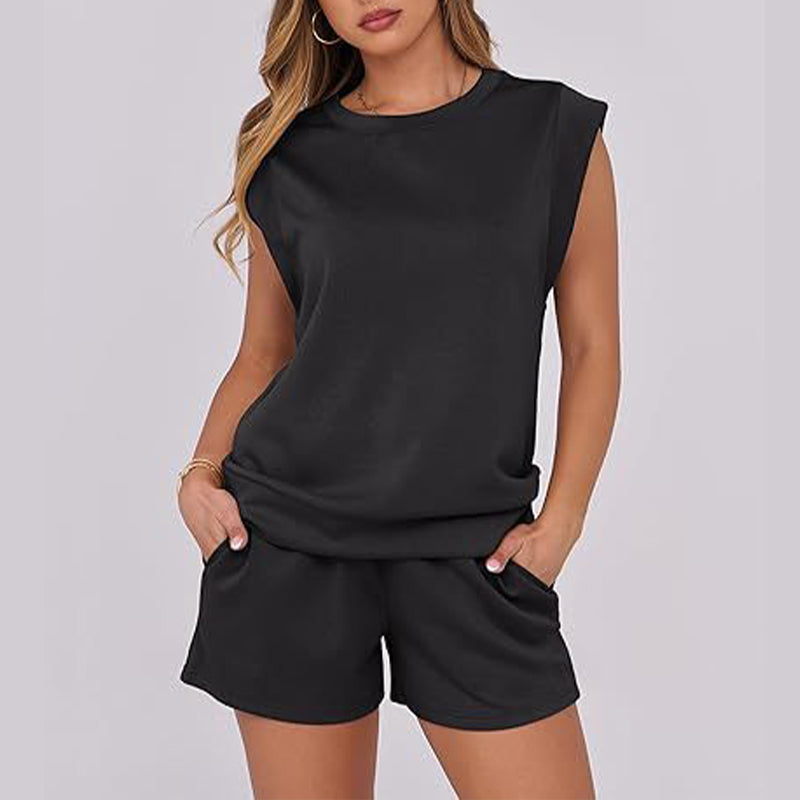 🔥2-teiliges Set mit Oberteil mit Flügelärmeln und Rundhalsausschnitt und Shorts mit Kordelzug für Damen