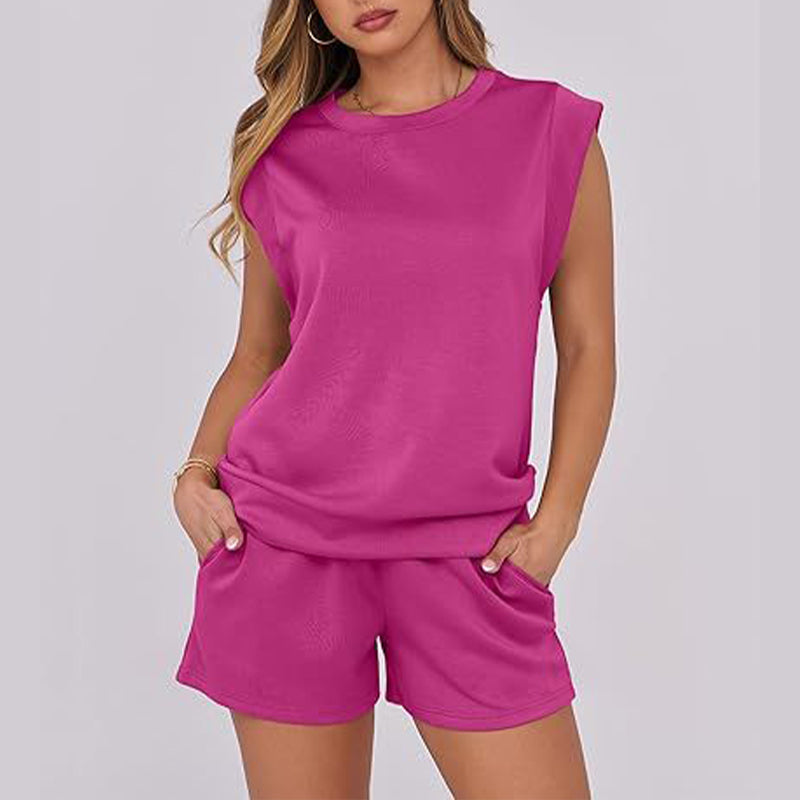 🔥2-teiliges Set mit Oberteil mit Flügelärmeln und Rundhalsausschnitt und Shorts mit Kordelzug für Damen
