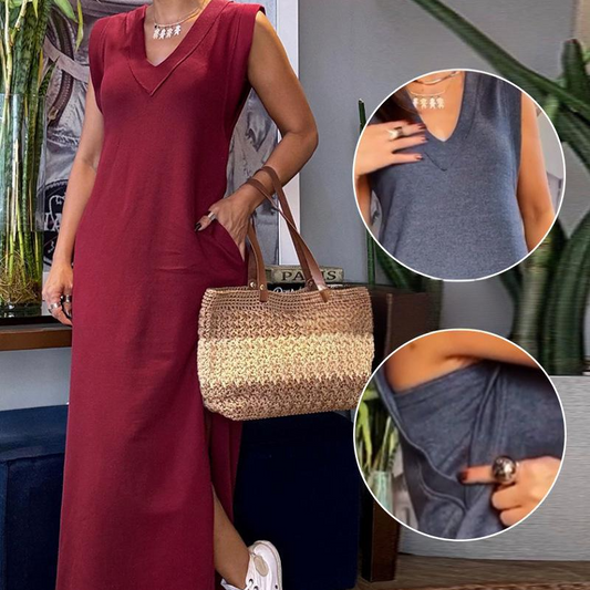 Damen ärmelloses Maxikleid mit V-Ausschnitt und Schlitz