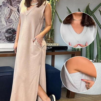 Damen ärmelloses Maxikleid mit V-Ausschnitt und Schlitz