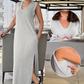 Damen ärmelloses Maxikleid mit V-Ausschnitt und Schlitz
