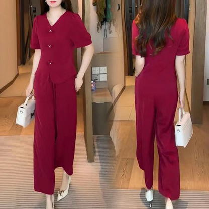 💥Kurzärmeliges Oberteil mit V-Ausschnitt und passende Hose mit weitem Bein - 2-teiliges Set für Frauen